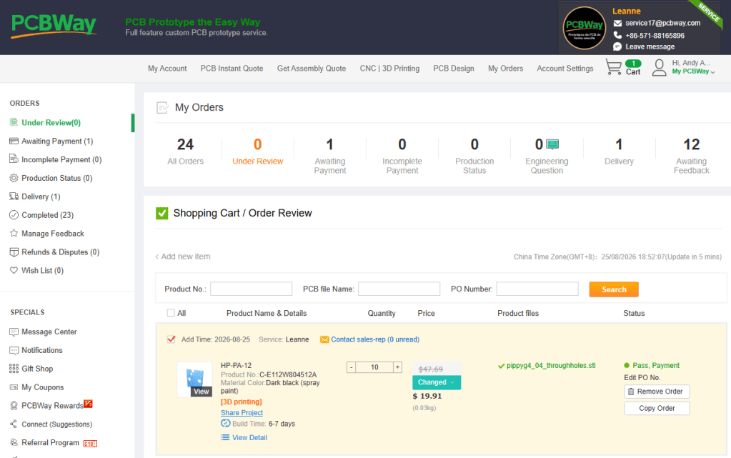 PCBway shopping cart - Showing the agents price reduction on 3D prints